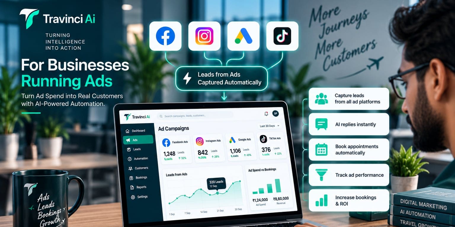 Leads from Facebook, Instagram, Google and TikTok ads flowing into the Travinci ad campaigns dashboard